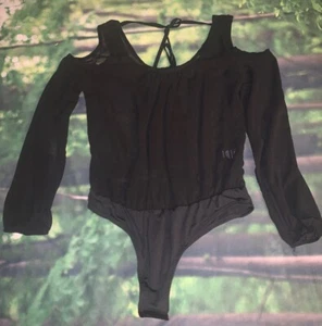 LOVE CULTURE Black Bodysuit Sheer Shoulder Cut Out Sz Medium - Picture 1 of 9