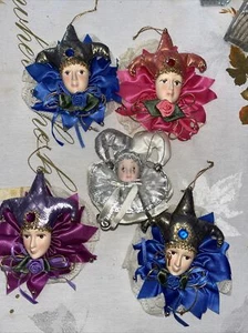 PORCELAIN FACE SATIN COURT JESTER CHRISTMAS ORNAMENTS HAND-PAINTED Set Of 5 - Picture 1 of 12