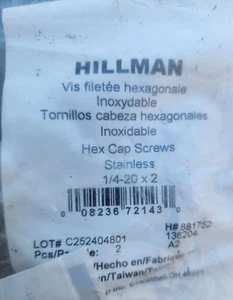 (5 Bags) Hillman Hex Cap Screws Stainless 1/4-20 x 2, 2 Pk - Picture 1 of 1