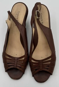 Size 8.5 Taryn Rose Sling Back Peep Toe Sandle Wedge Brown Leather - Picture 1 of 6