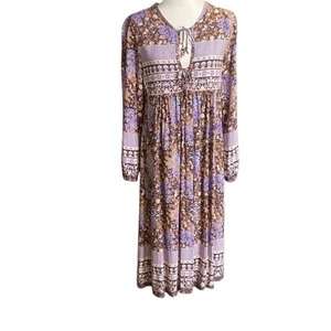 R Vivimos Dress Brown Purple Floral Boho Peasant Bead Tie Rayon Midi Size Small - Picture 1 of 7