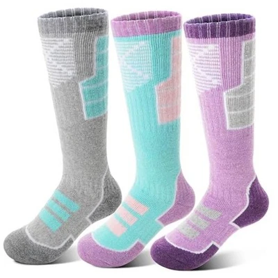  Calcetines de esquí de lana merino para niños 3 pares niñas niños 8-12 años púrpura/verde/gris Foto 1 de 4