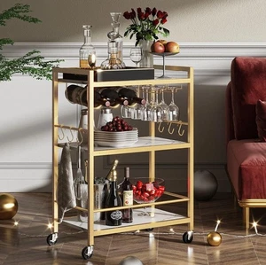 Bar Serving Cart Gold 3 Tier Microwave Drinks Mobile Kitchen Serving Storage - Picture 1 of 4