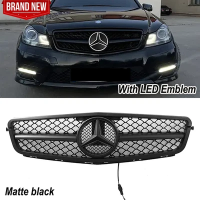 Matte Black W/LED Emblem Grill Grille For Mercedes W204 C250 C300 C350 2008-2014 - Image 1 of 4