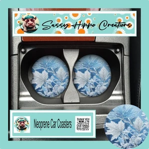 Car Coasters Winter Leaves Blue Frost Icy Christmas Set of 2 Neoprene Absorbent - Picture 1 of 5