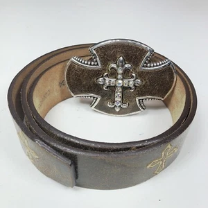 Justin Boots Bent Rail Crystal Cross Brown Leather Belt Women's Size 34 C20805 - Picture 1 of 11