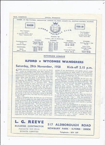 Ilford v Wycombe Wanderers 29 November 1958 OFFER - Picture 1 of 2