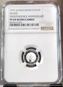 1971 EL SALVADOR SILVER 1 COLON INDEPENDENCE NGC PF 69 ULTRA CAMEO RARE TOP POP - Picture 1 of 3