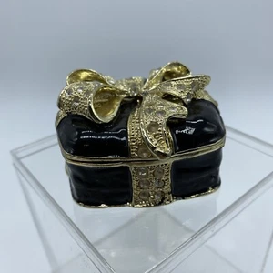 Bejeweled Enameled Trinket Box/Figurine With Rhinestones-Gold Ribbon Bow Box - Picture 1 of 7