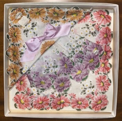 Винтажный Burmel носовые платки цветы оригинальный напечатано зубчатый коробка новый, но старый - Изображение 1 из 3