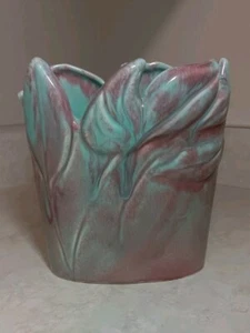 Vtg Wide Mouth Vase West Coast Pottery Leaf Ca Mauve Pink Aqua Glaze # 117  - Picture 1 of 11