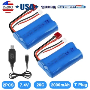 2x Li-ion RC Battery 7.4V 2000mAh 15C T Plug + USB Charger for RC Car Truck Boat - Picture 1 of 10