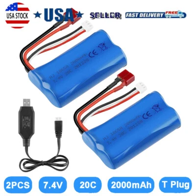 2x Li-ion RC Battery 7.4V 2000mAh 15C T Plug + USB Charger for RC Car Truck Boat - Image 1 of 4