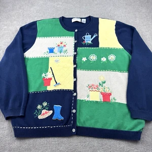 Alfred Dunner Cardigan Sweater Sz 2X Garden Flowers Colorblock Blanket Stitch - Picture 1 of 15
