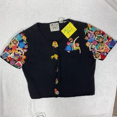 Cárdigan suéter cárdigan vintage Michael Simon para mujer S arte de usar caras 3D años 90 Foto 1 de 4