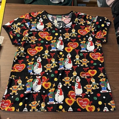 Sesame Street Cherokee Scrubs Tooniforms Christmas V Neck Top X-Large NEW - Image 1 of 4