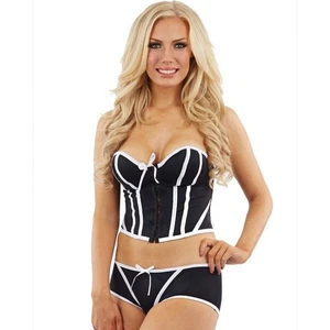 Womens Corset Basque Lingerie Underwear Set Sexy and Shorts Black/White - Picture 1 of 1