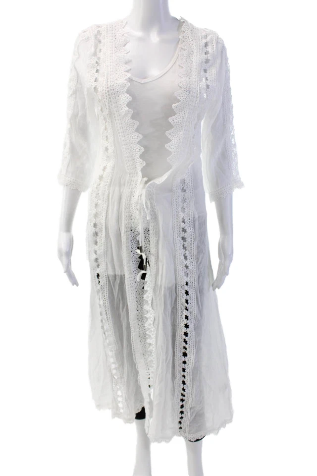 Plumero Elan para mujer Battenberg con ribete de encaje manga larga corbata delantera blanco talla S Foto 1 de 4