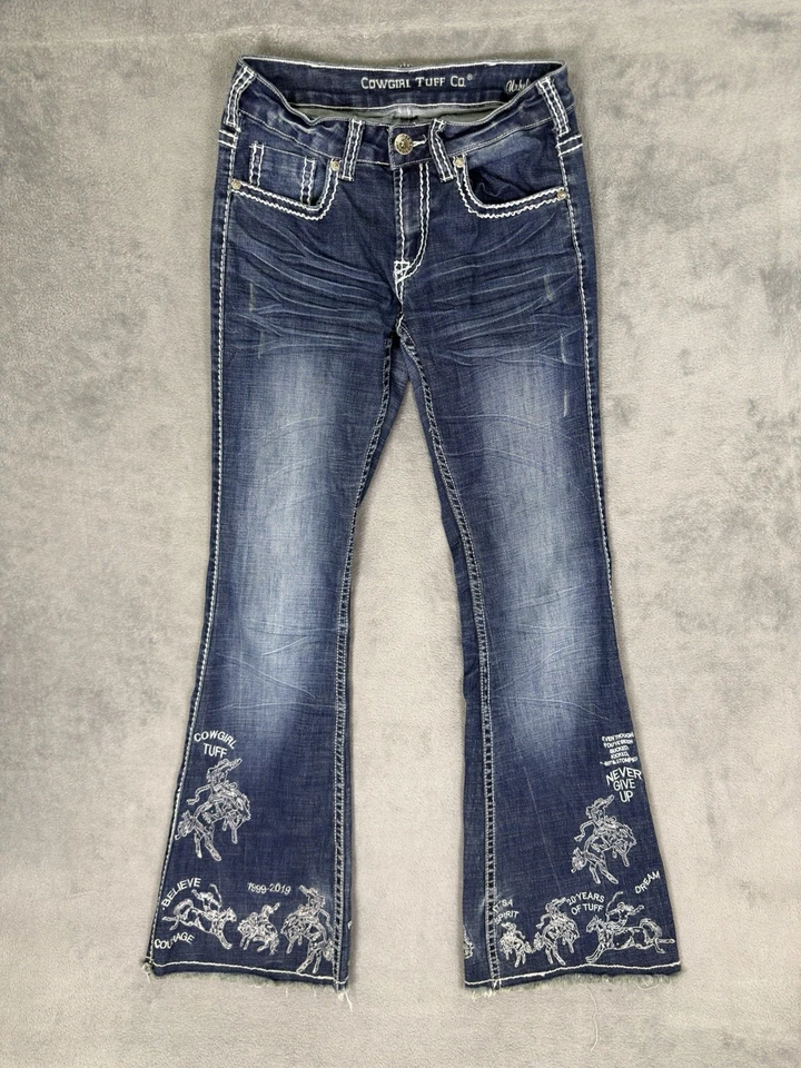 Jeans de toba vaquera para mujer 27x33 azul tiro bajo corte bootcut bordado nunca te rindas  Foto 1 de 4
