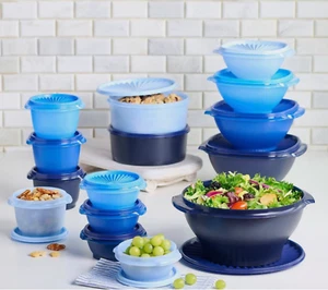 Tupperware Servalier Cuencos 30 piezas Juego Cuencos Botes Sellos Tonos Azules Nuevo En Caja - Imagen 1 de 9