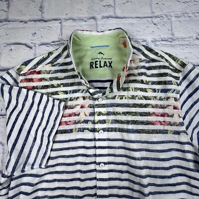 Tommy Bahama Men’s XL 100% Linen Short Sleeve Oxford Button Down Shirt Stripe - Image 1 of 4