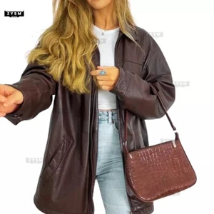 Women’s Brown Oversized Long Leather Blazer Relaxed Fit Stylish and Durable - Picture 1 of 14