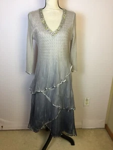 Komarov Tiered Midi Dress Size L Womans Charmeuse 3/4 Sleeves Ombre Blue Beaded - Picture 1 of 20