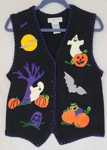 Vtg Victoria Jones Petite Halloween Ugly Sweater Vest Ghosts Frankenstein Sz L - Picture 1 of 7