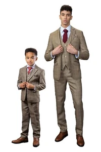Men's Boys Wool Tweed Check Suit Father & Son Tailored Fit 3 PC with Husky Sizes - Picture 1 of 27