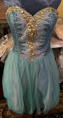 Tony Bowls 绿松石无肩带薄纱珠宝迷你连衣裙 尺寸 6 胸围 约 32 英寸 L28 — 第 1/4 张图片