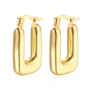 14K Gold EP Hoop Earrings Huggie Chunky Lightweight  UU Shape Jewelry for Women - Picture 1 of 6