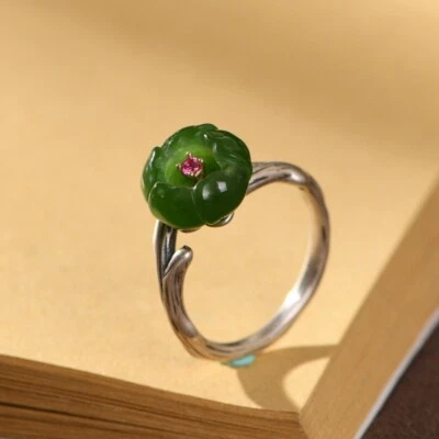 Anello I05 Ramo Con Fiore In Giada Verde Argento Sterling 925 Regolabile - Immagine 1 di 4