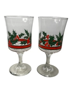 Libbey Glass Holly & Berries Flared Water Goblets Retro Barware Christmas (2) - Image 1 of 4