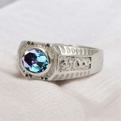 Piedras preciosas de alejandrita de corte ovalado con anillo de plata de ley 925 para hombre #608 Foto 1 de 4