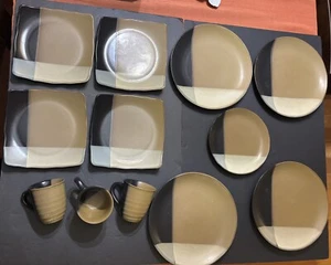 Sango Gold Dust Black SET OF 12” Round Dinner Square Salad Plates Mugs Plate WOW - Picture 1 of 3