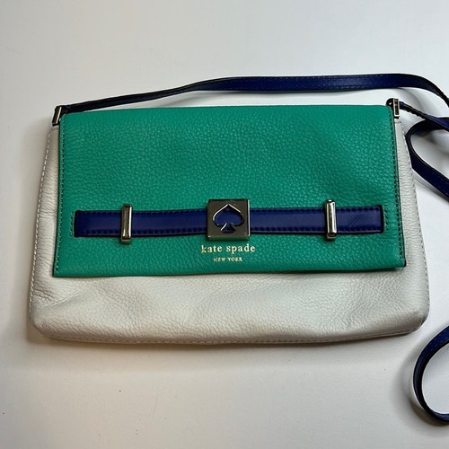 Kate Spade ""Houston"" borsa a tracolla verde acqua blu e avorio con hardware argento nuova senza etichette!
