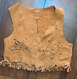 Vtg Child's Suede Brown Sheriff Vest Cowboy Costume Size S Handmade Halloween - Picture 1 of 5