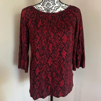 Michael Kors Snakeskin Reptile Print Bell Sleeve Top Blouse - XS- Red Black - Image 1 of 4