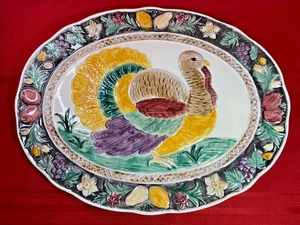 Vintage Large Hand Painted Embossed TURKEY PLATTER Oval Ceramic 19" X 14.5" - Picture 1 of 20
