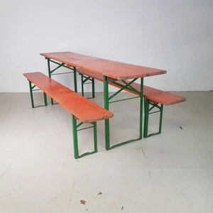 Vintage Industrial Cerveza Alemana Mesa Banco Juego Muebles de Jardín Naranja - Picture 1 of 5