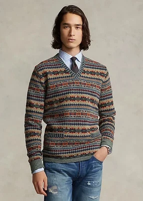 RARE POLO RALPH LAUREN FAIR ISLE WOOL V-neck Sweater Men's SZ M $398+ - Image 1 of 4
