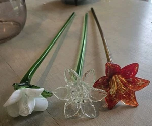 (3) Murano Style Glass Flowers, Long Stem ( See Pic's) - Picture 1 of 11