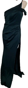 Miss Ord Sz L Green Satin High Split One Shoulder Grunge Gothic Maxi Prom Dress - Picture 1 of 3