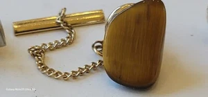 Swank Vintage Tie Bar Tack Chain Gold Mens Jewelry Brown Tigers Eye Stone - Picture 1 of 7