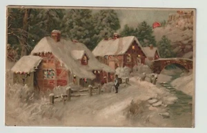 1905 Hold to light Christmas Postcard, Cottages by the Stream - Picture 1 of 2