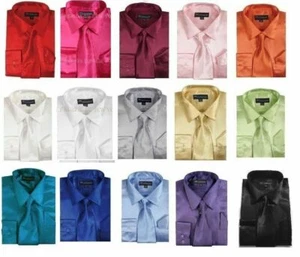 Men's Shiny Satin Dress Shirt With Tie and Handkerchief Set Size 151/2-- 201/2 - Picture 1 of 26