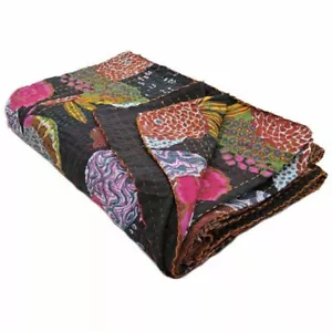 Kantha Black Bed Cover Throw Blanket Quilt Bedding Bedspread Bohemian Handmade - Picture 1 of 3