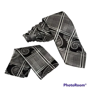 Tie Barry Wang Mens Designer 100% Silk Black White Paisley Pocket Square Italy - Picture 1 of 9