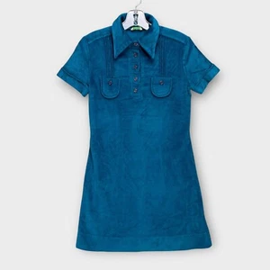 VTG 60s 70s Collared Short Sleeve Mini Dress Velour Blue Sears Mod 7 Small - Picture 1 of 17
