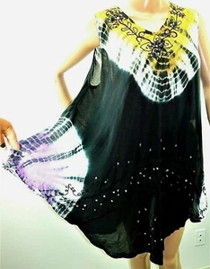 California Woman Plus One Free Size Tie Dye Black Yellow Boho Tunic Top Blouse - Picture 1 of 11